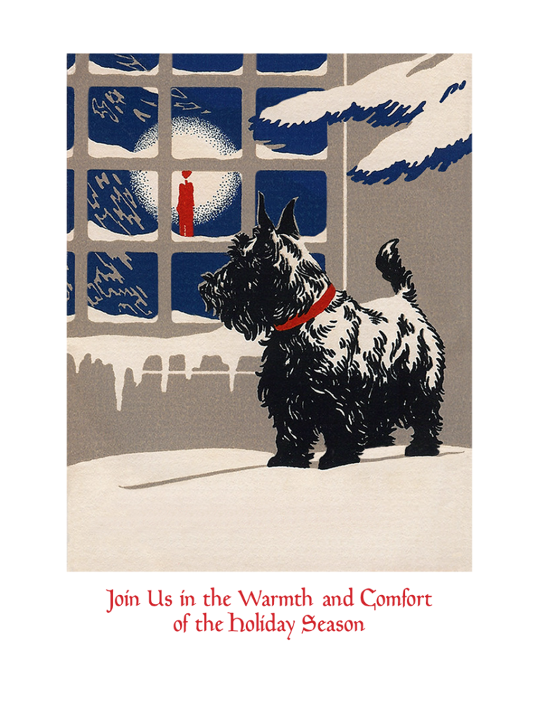 illustration of a scottie dog looking into a snow-covered window with a candle and a full moon